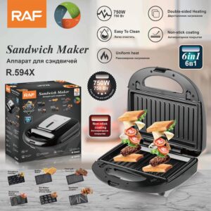 RAF R.594X 750W 6-in-1 black non-stick sandwich maker with interchangeable plates for grilling and baking.