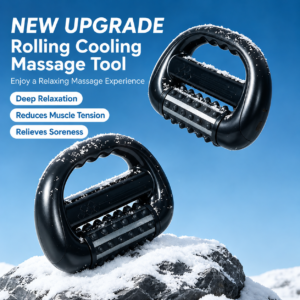 Black plastic rolling cooling massage tool with textured rollers for muscle tension relief and relaxation.