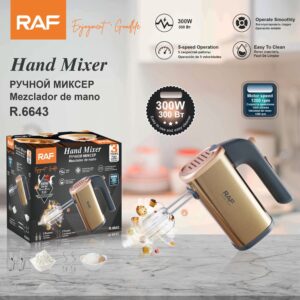 RAF R.6643 300W hand mixer, gold and dark gray plastic, for kitchen baking and mixing.