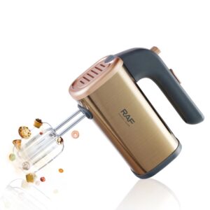 Raf Electric Hand Mixer, Brushed Gold Stainless Steel Body, Dark Grey Handle, For Baking And Cooking.