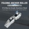 Folding anchor roller, 316 marine-grade stainless steel, silver with black rollers, for boat anchoring.