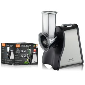RAF electric salad maker, black plastic & brushed stainless steel, with clear food chute for slicing vegetables.