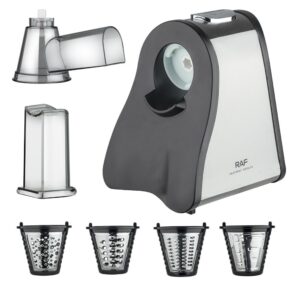 Electric Salad Maker | Stainless Steel Blades – Sumo Deals Raf Electric Vegetable Slicer/Grater With Black Plastic And Silver Metal Housing, Clear Attachments, And 4 Stainless Ste