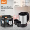 RAF R.7887 electric kettle, silver stainless steel body, black plastic handle/base, with two black cups, for boiling wat