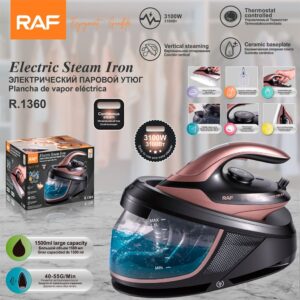RAF R.1360 3100W electric steam iron, black/rose gold with ceramic soleplate, 1.5L tank, for clothes.
