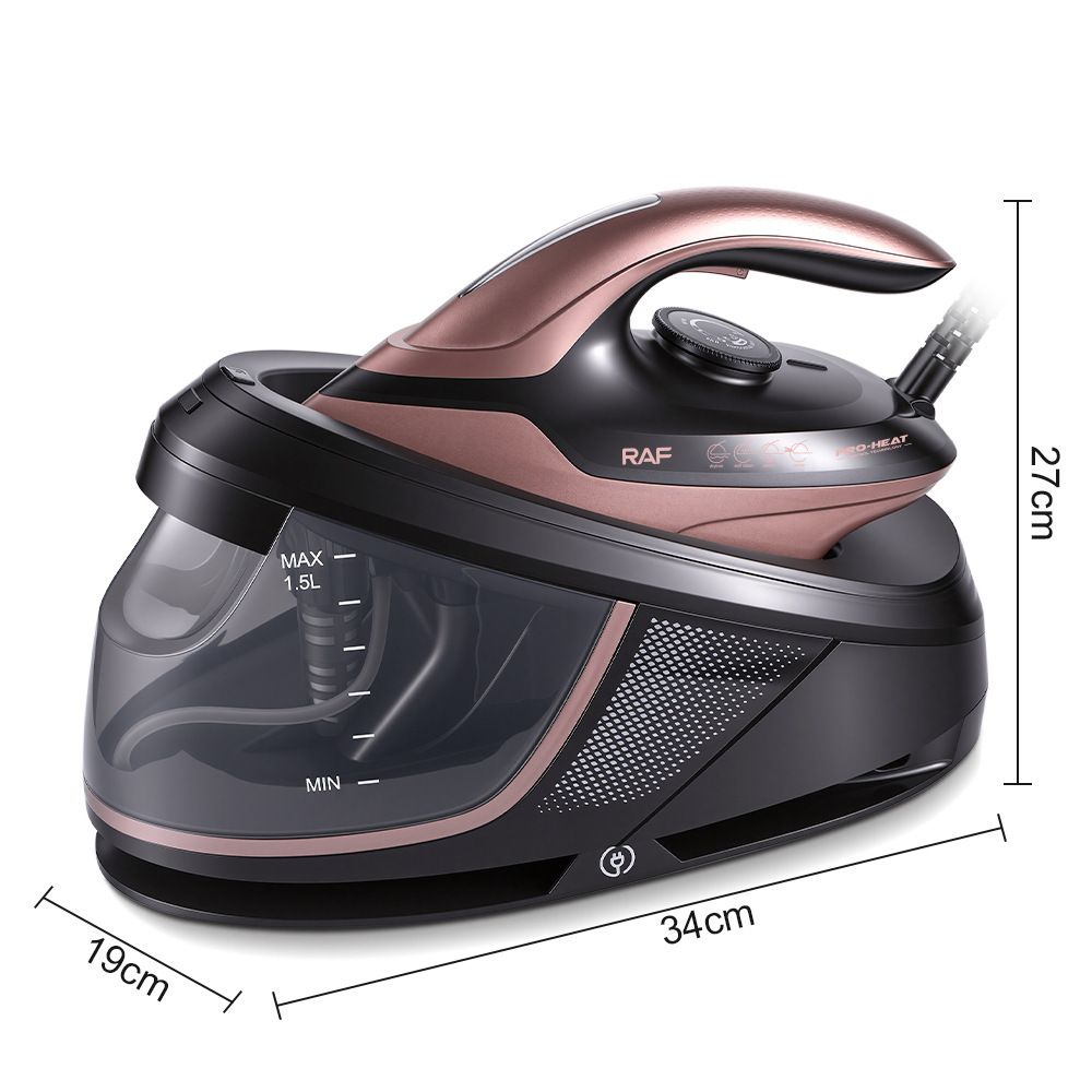 Split-Type Electric Steam Iron With Ceramic Soleplate And 1.5L Water Tank For Home Garment Steaming And Vertical Ironing Of Silk Wool And Delicate Fabrics (Rosegold) – Sumo Deals Raf Steam Iron With 1.5L Clear Water Tank, Black And Rose Gold Plastic, For Efficient Garment Care.