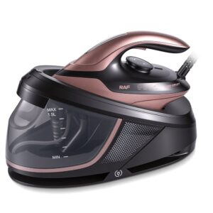 Split-Type Electric Steam Iron With Ceramic Soleplate And 1.5L Water Tank For Home Garment Steaming And Vertical Ironing Of Silk Wool And Delicate Fabrics (Rosegold) – Sumo Deals Raf Pro-Heat Steam Iron Station, Black And Rose Gold Plastic, 1.5L Water Tank, For Garment Wrinkle Removal.