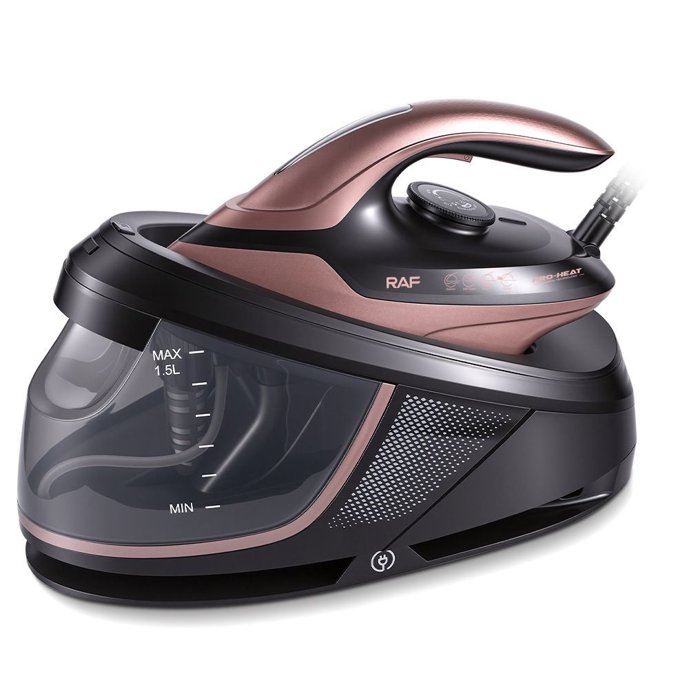 Split-Type Electric Steam Iron With Ceramic Soleplate And 1.5L Water Tank For Home Garment Steaming And Vertical Ironing Of Silk Wool And Delicate Fabrics (Rosegold) – Sumo Deals Raf Pro-Heat Steam Iron Station, Black And Rose Gold Plastic, 1.5L Water Tank, For Garment Wrinkle Removal.