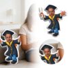 Custom graduation caricature pillow, black gown, yellow trim, holding diploma, for celebratory home decor.