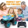 Blue plastic RC monster truck toy with large black tires, teal rims, and remote control for kids.