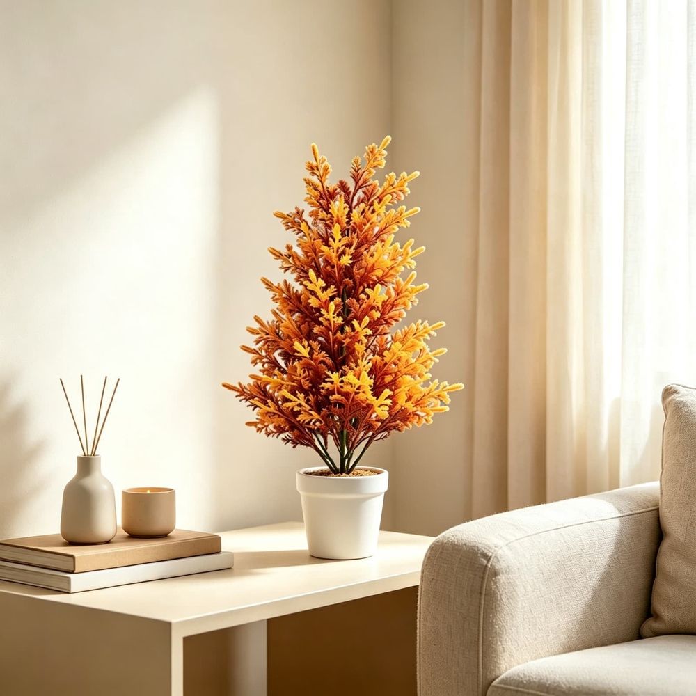 Faux Spruce Tree With Ground Stake | Indoor Outdoor Decor – Sumo Deals Artificial Orange And Yellow Autumn Foliage Plant In White Ceramic Pot, For Home Decor.