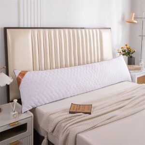 White quilted body pillow with brown trim, long rectangular shape, for bed support and comfort.