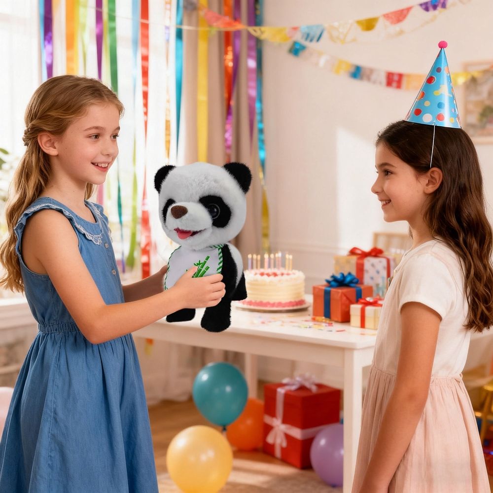 Realistic Stuffed Animal Toy | Interactive Motion &Amp; Sound – Sumo Deals Plush Black And White Panda Toy With Green Bamboo Bib, Held By A Girl At A Birthday Party.