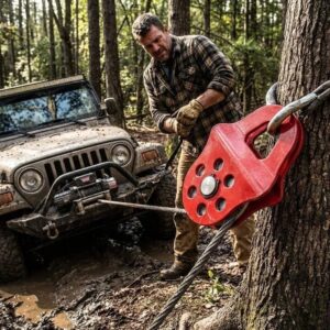 Heavy Duty Swivel Pulley | Winch Sheave With Bearing – Sumo Deals Red Heavy-Duty Steel Snatch Block Pulley For Off-Road Vehicle Recovery, Attached To A Tree With A Winch Cable.