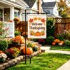 Thanksgiving garden flag, beige fabric with "Welcome Thanksgiving" text, pumpkins, corn, and fall leaves, outdoor decor.