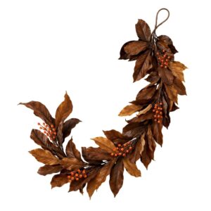 Artificial Fall Garland With Brown Magnolia Leaves And Orange Berries For Seasonal Home Decor.
