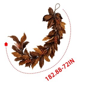 72In Artificial Brown Magnolia Leaf &Amp; Orange Berry Garland For Fall Decor