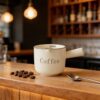 Cream ceramic coffee mug with "Coffee" text, measuring lines, and side handle for espresso or small drinks.