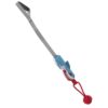Blue fabric shark dog tug toy with red rope knot, gray handle for interactive play.