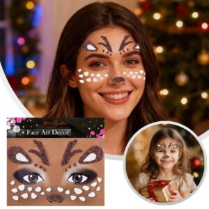 Glitter deer face art stickers, brown antlers, white spots, and nose for Christmas parties & costumes.