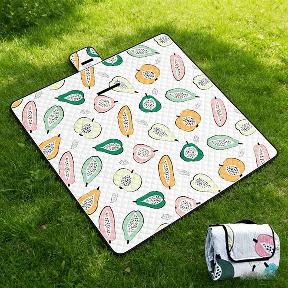 Extra Large Outdoor Picnic Blanket | Sand Proof &Amp; Portable – Sumo Deals White Quilted Picnic Blanket With Colorful Fruit Pattern (Papaya, Pear, Apple), Folded For Outdoor Use.