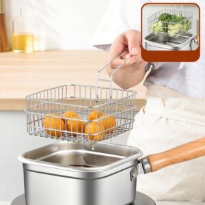 Stainless steel square deep fryer basket with folding handle, silver, for frying and steaming food.