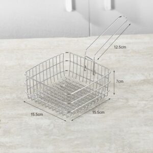Square Stainless Steel Wire Mesh Frying Basket With Long Handle For Deep Frying And Serving Snacks.