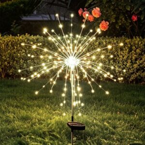 Solar LED dandelion firework stake light, warm white, metal/plastic, for garden patio outdoor decor.