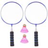 2 blue badminton rackets with black foam grips & 2 pink plastic shuttlecocks with rainbow tops for sports