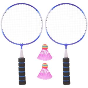 2 blue badminton rackets with black foam grips & 2 pink plastic shuttlecocks with rainbow tops for sports