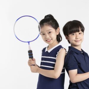 Blue And White Badminton Racket With Black Grip, Held By A Child, For Sports And Recreation.