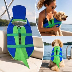 Blue and green dog life vest with handle and tail fin for pet water safety.