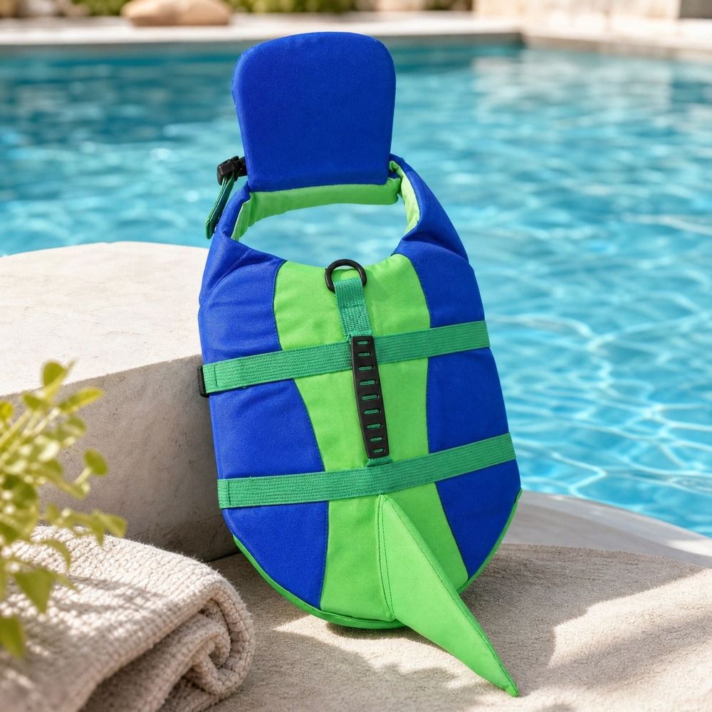 Dog Swim Vest With Chin Rest | Safe &Amp; Fun Water Play – Sumo Deals Blue And Green Dog Life Vest With Dorsal Fin, D-Ring, And Straps, For Pool Safety.