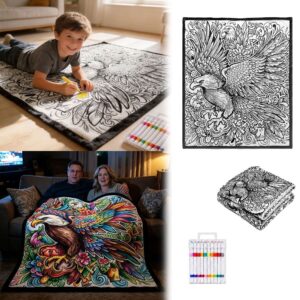 Diy Colouring Blanket Kit | Markers &Amp; Washable Throw – Sumo Deals Coloring Blanket With Intricate Eagle Design, Black And White, Plush Polyester, For Kids And Adults To Color.