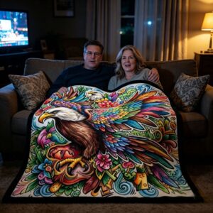 Diy Colouring Blanket Kit | Markers &Amp; Washable Throw – Sumo Deals Fleece Blanket With Vibrant, Colorful Eagle And Floral Design, Perfect For Cozy Home Decor And Warmth.