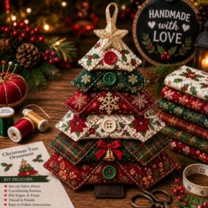 Handmade quilted fabric Christmas tree ornament kit with red, green, and cream patterns, buttons, and a gold star.