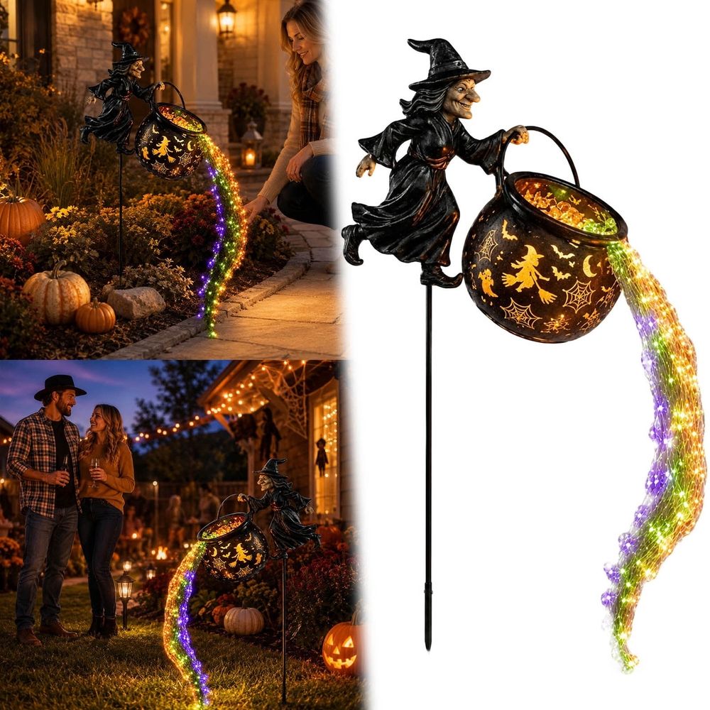 Witch Cauldron Garden Light | Spooky Outdoor Decor – Sumo Deals Black Resin Witch Cauldron Garden Stake With Multicolor Led String Lights For Halloween Outdoor Decor.