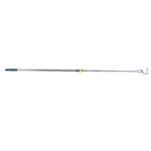 Adjustable silver aluminum telescopic pole with blue handle and hook for cleaning tools.