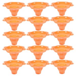 12-pack orange plastic flower-shaped funnels for transferring liquids, oils, or powders in kitchen or lab.
