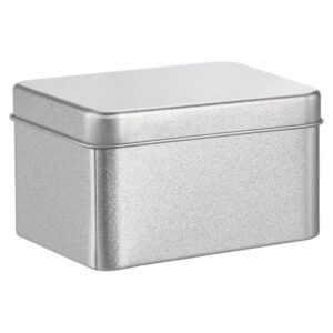 Rectangular silver metal tin box with lid, brushed finish, for storage, crafts, or gifts.