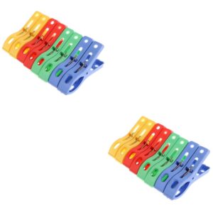 2 sets of 5 colorful plastic clothespins, yellow, red, green, blue, for laundry drying.