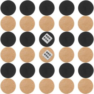 Backgammon game pieces: 24 round wooden checkers (12 black, 12 natural wood) with two white dice, for board games.