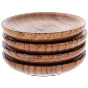Stack of 5 round brown wooden saucers with visible grain, for teacups or small snacks.