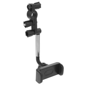 Black plastic & silver metal rearview mirror phone holder with adjustable arm for car navigation.