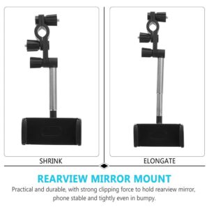 Adjustable Black Plastic And Metal Rearview Mirror Phone Mount, Shown In Shrink And Elongate Positions For Car Use.