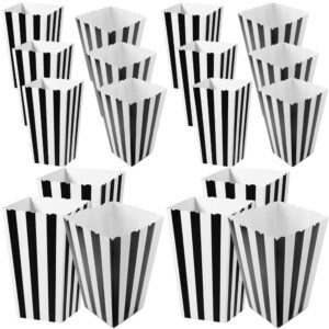 Set of 16 black and white striped paper popcorn boxes with scalloped edges for movie nights & parties.