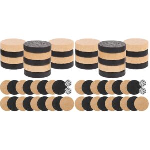 Wooden backgammon checkers set with black and natural wood round pieces, plus two white dice, for board games.