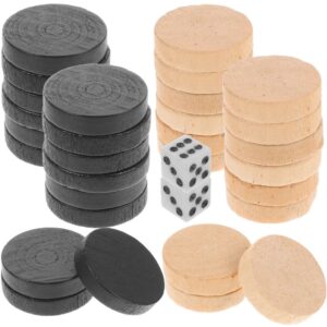 Wooden Backgammon Checkers: 2 Stacks Of Black, 2 Stacks Of Natural Wood, Plus 2 White Dice With Black Pips.