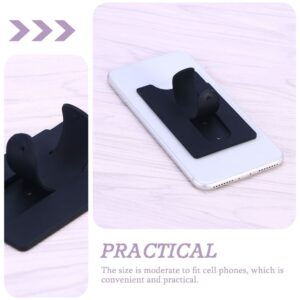 Phone Card Holder Sticker – Set Of 5 Black Silicone – Sumo Deals Black Silicone Phone Holder With Pop-Out Stand And Card Slot, Attached To A Silver Smartphone For Hands-Free Viewing.