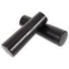 Two black cylindrical plastic caps, closed at one end, for protecting or sealing tubes/rods.